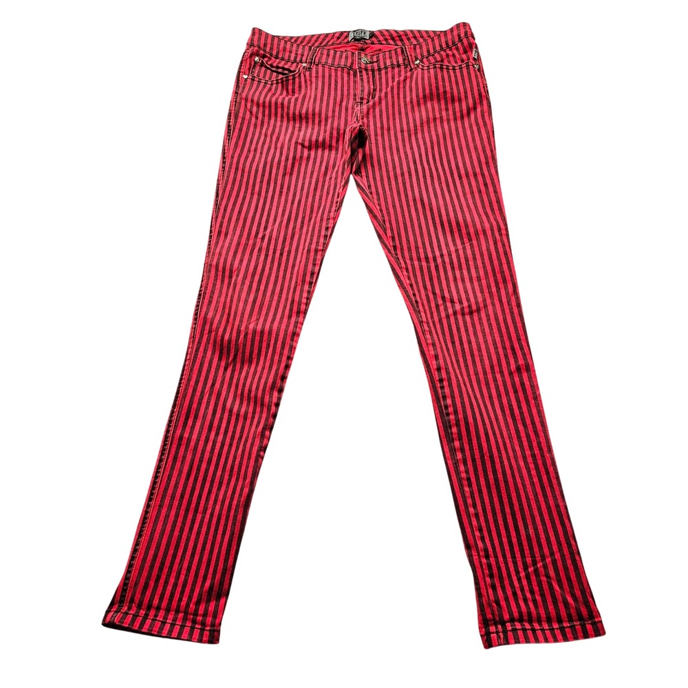 Tripp NYC Striped Skinny Jeans Womens 11 Red Black Skull Rivet Punk